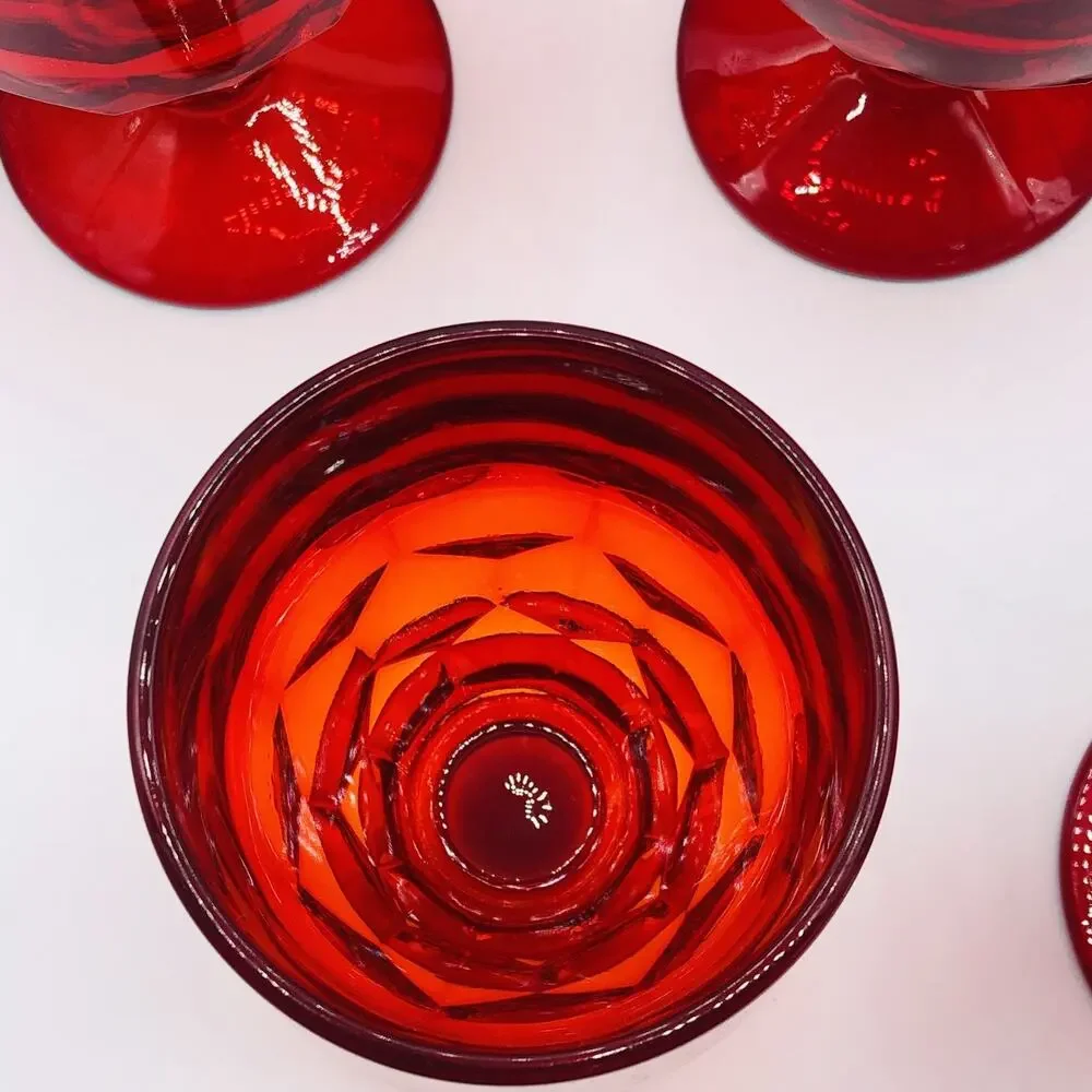 8 Vtg Ruby Red Octagonal Glass Goblets MCM Diamond Geometric Glasses 5